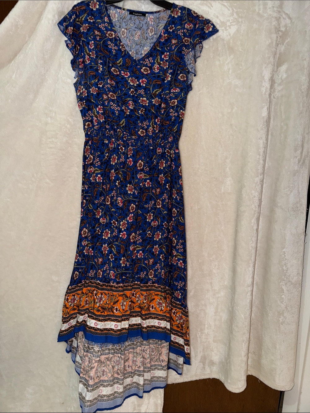 Blue Floral V-Neck Tiered Midi Dress